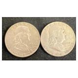 (2) silver Franklin half dollars