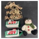 Crocheted Christmas joy, mailbox, and snowman