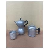 Aluminum coffee, pots, and measuring cup antique
