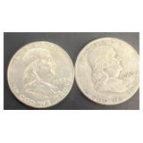 (2) silver Franklin half dollars