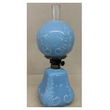 Blue Milk Glass 'Queen' Pattern oil lamp