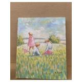 Painting of children and field on canvas signed