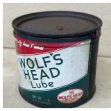 Wolf head lube advertising can with content