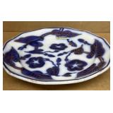Flow blue leaf pattern early plate stamped with P
