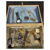 Jewelry box and contents, Coins watches, etc.