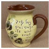 Slip Painted Pitcher, redware, SJ Pottery, mark