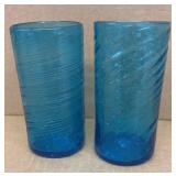 Pair of hand-blown glass copper blue tumblers