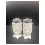 Milk, glass, hobnail salt, and pepper shakers