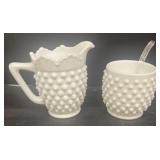 Milkglass hobnail cream, and sugar