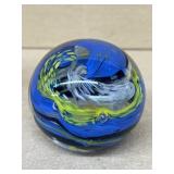 Blue yellow white swirl paperweight