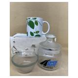 Candy jar, coffee mugs