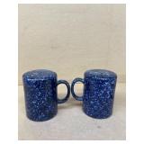 Blue and white speckled salt and pepper shakers