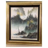 Painting on canvas boats people on bridge et