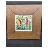 Hand-painted tile of girl with Bull