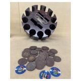 Antique poker chip card holder with horseshoe