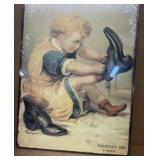 A misfit metal sign little girl putting on shoes