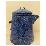 Blue white speckled enamelware coffee pot