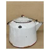 White with red trim, enamel coffee pot