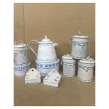 White and handpainted, blue teapot, canister,