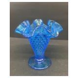 Blue ruffled glass Hobb nail vase