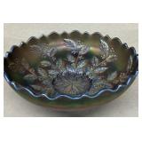 Carnival glass blue Holly bowl