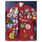 Campaign button collection on shirt includes