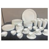 Milk, glass, cups, saucers, plates, glasses,