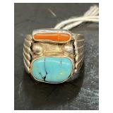 Sterling silver topaz and coral ring size 9