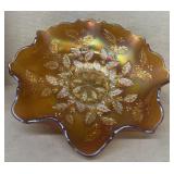 Carnival  glass ruffled bowl leaf pattern