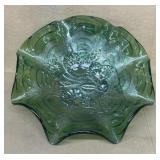 Green carnival glass ruffle bowl