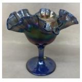 Carnival glass blue ruffled compote