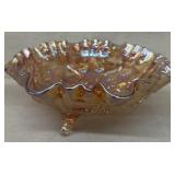 Ruffled carnival glass footed bowl with roses