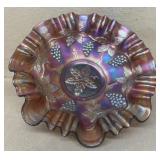 Carnival glass, ruffle bowl, grapes, and leaf