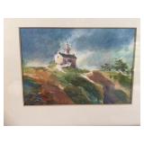 Watercolor of church in San Diego, signed HOCK