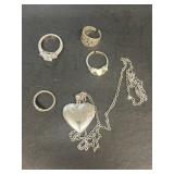 Costume Jewelry rings and Heart pendant necklace