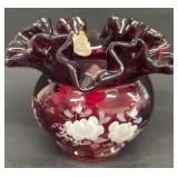 Fenton cranberry hand-painted vase ruffled edges