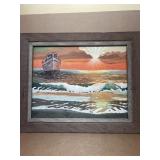 Painting of boat and sunset on board boat named