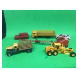 Diecast trucks, cars, John Deere grader