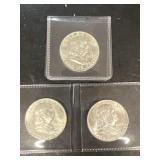 (3) Franklin silver half dollars 1963
