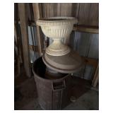 Trashcan, bucket, and plastic flower urn
