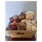 Basket of plush animals bears turkey