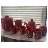 Holiday cookie jar, tea, pot, coffee mugs