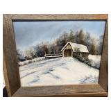 Framed o.o.c. Coverd Bridge in Winter signed  C.