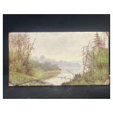Painting on board of mountain and trees