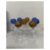 Amber and blue blown glass goblets