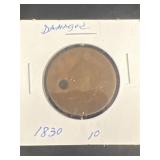 1830 one cent coin damaged