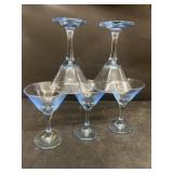 Blue clear, glass martini glasses