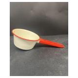 Enamel sauce, pan, white, and red