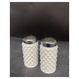 Milk, glass, hobnail salt, and pepper shakers