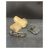 Pocket knife, clip on flashlight and wooden